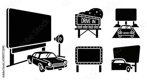 Retro Drive-In Movie Icons: Car, Screen, Sign, Speaker - Vintage Entertainment