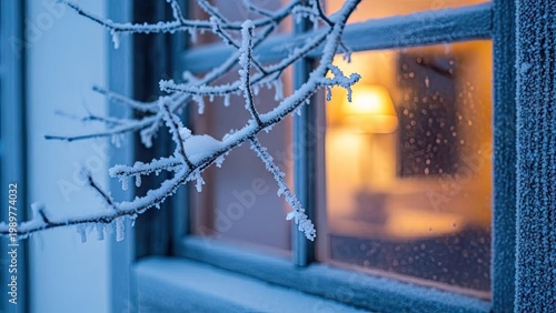 A frosty winter scene with snow covered branches and a warm lit window