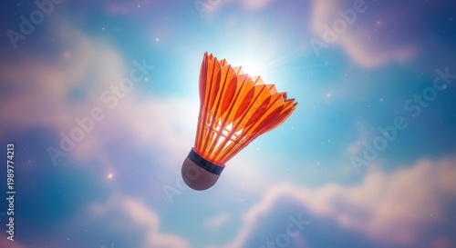 Vibrant Shuttlecock Soaring Against a Bright Sky Background