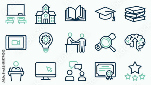 Modern line icons for education, training, and professional growth featuring classroom and collaboration symbols