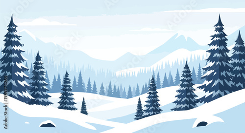Winter Landscape with Snow-Covered Trees and Mountains
