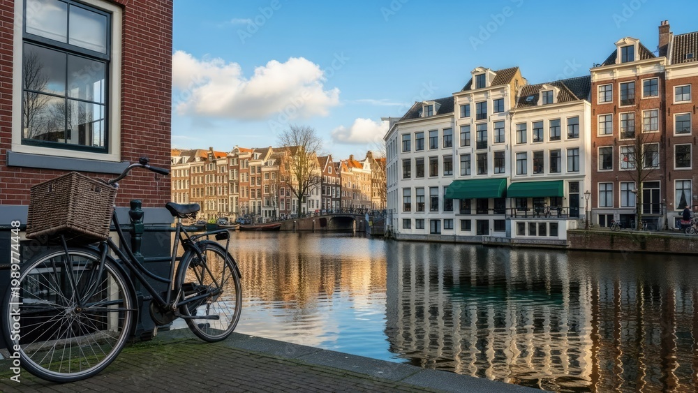 Fototapeta premium A bicycle parked beside a serene canal in a historic European city