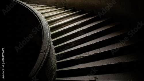 A dark and mysterious spiral staircase leads down into the shadows