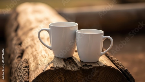 Two white coffee mugs sitting on a cut log outdoors