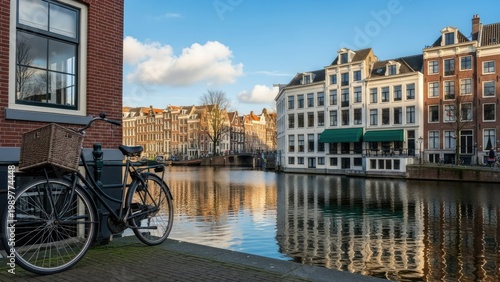 A bicycle parked beside a serene canal in a historic European city