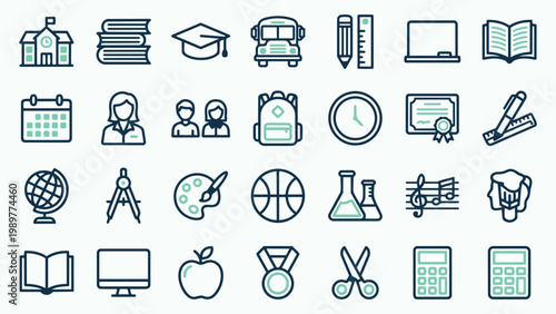Academic and School Supplies Line Icons Featuring Graduation and Science Symbols