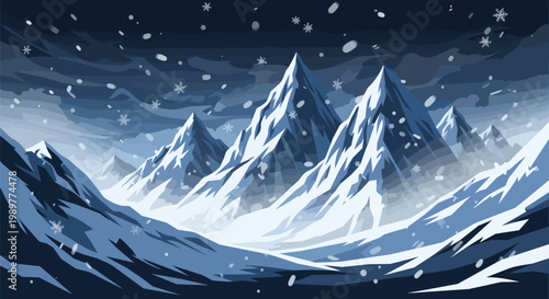 Pixel Art Snowy Mountain Landscape with Falling Snowflakes