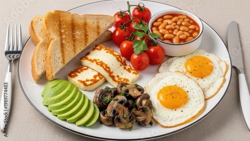 A delicious breakfast plate with eggs, toast, and fresh vegetables on a table