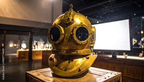 Vintage Brass Underwater Diving Helmet Displayed in Museum Exhibit