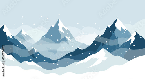 Winter mountain landscape with snow falling, stylized illustration