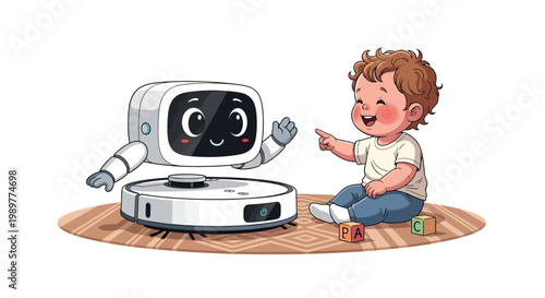 Caucasian toddler interacting with robot vacuum cleaner at home