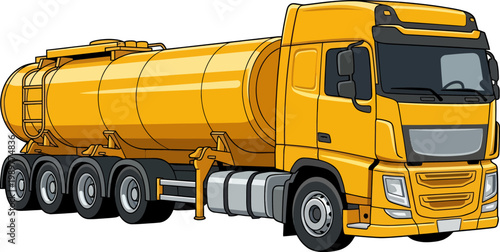 High-quality digital illustration of a yellow tanker truck designed for transporting liquid cargo such as fuel or chemicals. Rendered in a semi-realistic cartoon style and isolated on a white backgrou