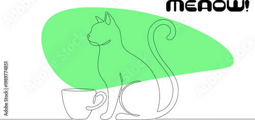 Minimalist continuous line art cat with coffee cup, modern feline silhouette vector, green organic shape background with Meow text