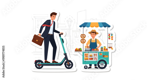 Businessman on electric scooter stops by food cart
