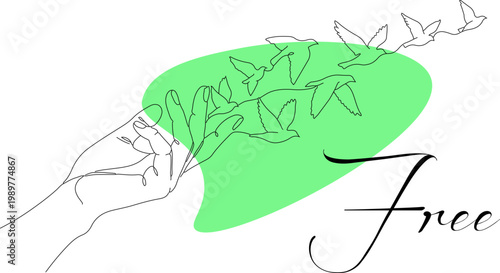 Minimalist continuous line drawing of human hand releasing birds, freedom concept with green abstract shape, elegant bird flight vector illustration