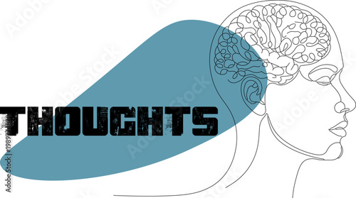 Minimalist human profile line art with thoughts text, conceptual brain and mind illustration, abstract mental health and psychology vector