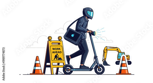 Delivery person on electric scooter navigating roadwork ahead