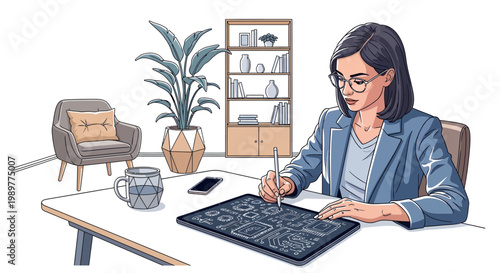 Woman working on graphic tablet at desk in modern home office