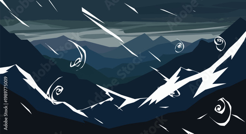 Stormy Mountain Landscape with Rain and Wind