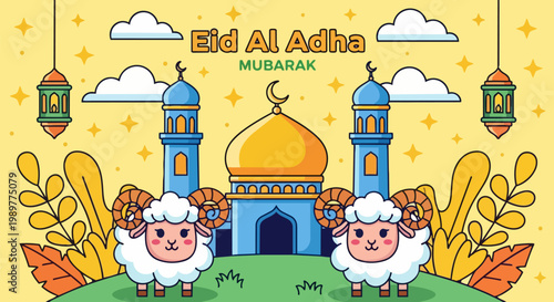Eid Al Adha Mubarak greeting vector, festive Islamic mosque illustration with cute sacrificial sheep, religious holiday celebration banner with lanterns