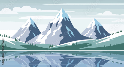 Pixel Art Mountain Range Reflection in Calm Lake, Winter Landscape