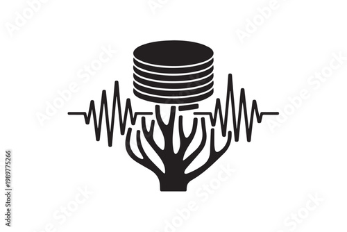 Abstract sound wave surrounding growing tree with stack of coins, symbolizing financial growth and sound investment strategies.