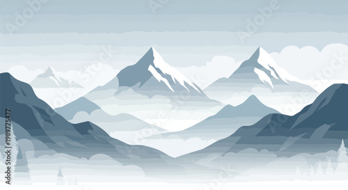 Majestic Snow-Capped Mountain Range Landscape in Hazy Blue Tones