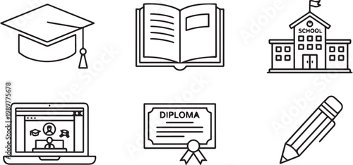 Graduation cap and school building icons represent academic achievements and the formal environment of educational institutions.