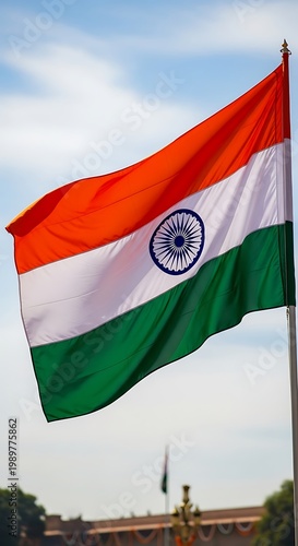 National banner displays vibrant tricolor design while waving against a bright sky
