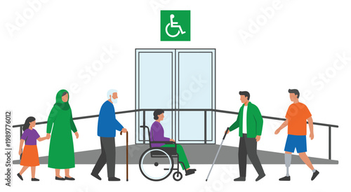 Handicapped access facility featuring wheelchair ramp and inclusive character set. Diverse pedestrians passing through public entrance with green signage representing universal design vector.