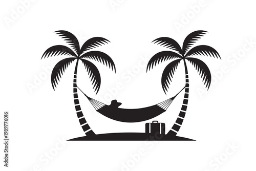 Tropical island hammock silhouette between two palm trees with tourist suitcase and sun hat for relaxing beach vacation and summer getaway.