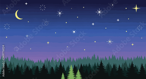 Magical night sky with crescent moon, twinkling stars over dark pine forest