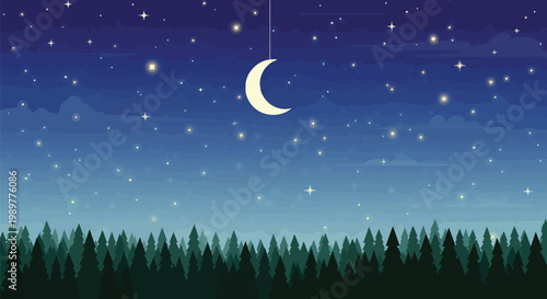 Hanging Crescent Moon and Stars over Dark Forest Night Sky
