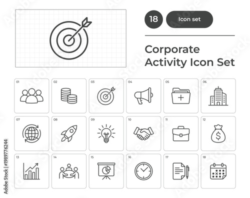 Outline Corporate Activity Business Concept Finance Teamwork Office Marketing Icon Set Collection