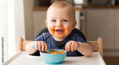 Joyful Baby Eating Puree in High Chair with Messy Face.