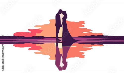 Loving couple beach reflection at colorful sunset modern romantic vector background