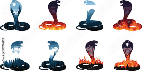 
Double Exposure Cobra Snake Silhouette Icon Set with Fire, Forest, Sky, and Night Scene Elements for Tattoo and Fantasy Designs
Double Exposure Cobra Snake Silhouette Icon Set 