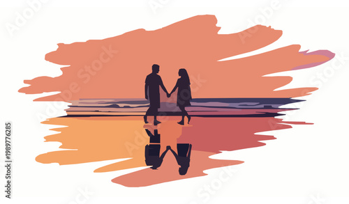 Romantic couple silhouette on beach with sunset reflection watercolor style vector illustration
