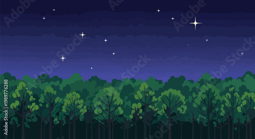 Pixel Art Forest Landscape at Night Under Starry Sky