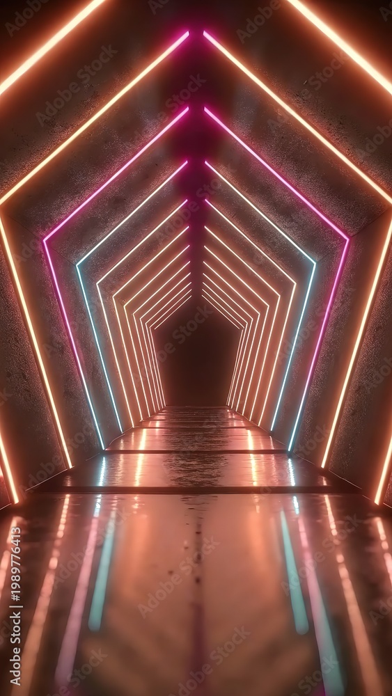 Fototapeta premium Futuristic neon pentagon tunnel with glowing orange and pink lights geometric