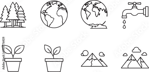 Nature conservation icons feature pine trees, globe maps, water faucets, potted plants, and mountain ranges to represent environmental protection and sustainability.