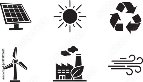 Renewable energy icons depict solar panels, wind turbines, and industrial sustainability symbols for eco-friendly business branding and environmental reporting.
