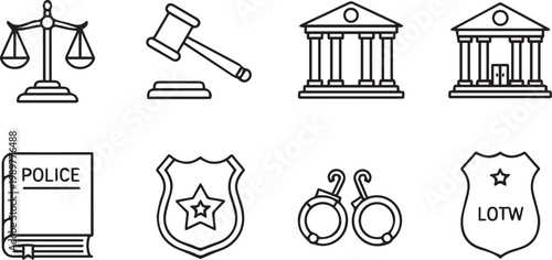Justice icons representing legal and law enforcement themes appear in this black and white graphic set.