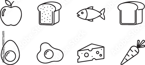 Food items including an apple, sliced bread, fish, loaf of bread, avocado, fried egg, cheese, and carrot are presented as a collection of simple line icons.