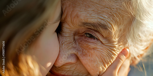 Closeup of an elderly grandmother hugging her granddaughter in a tender family moment