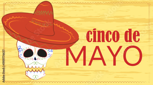Cinco de Mayo Skull with Sombrero Horizontal Poster Vector