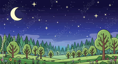 Cartoon Night Sky with Crescent Moon, Stars, and Forest Landscape