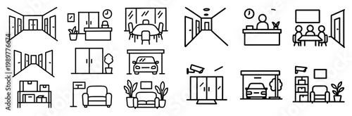 Interior icons with desk chair sofa minimal