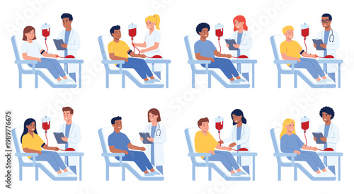 Collection depicts diverse group of men and women engaged in blood donation at medical facility. Illustrates various stages and interactions with healthcare professionals, promoting charitable giving.