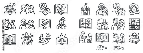 Storybook icons with child castle book outline